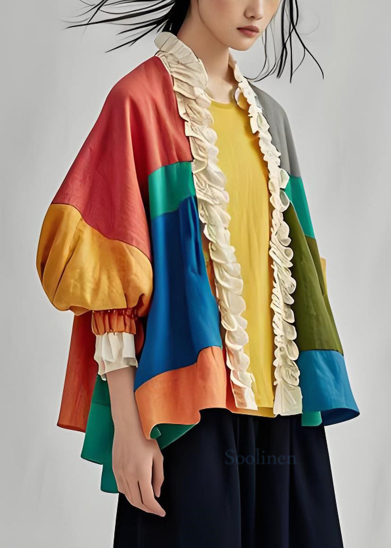 Colorblock Ruffled Patchwork Cotton Cardigan Lantern Sleeve