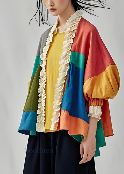 Colorblock Ruffled Patchwork Cotton Cardigan Lantern Sleeve