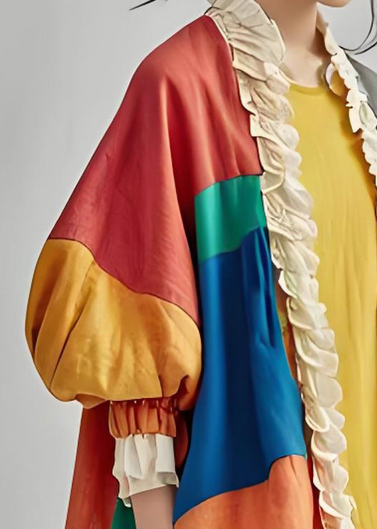 Colorblock Ruffled Patchwork Cotton Cardigan Lantern Sleeve