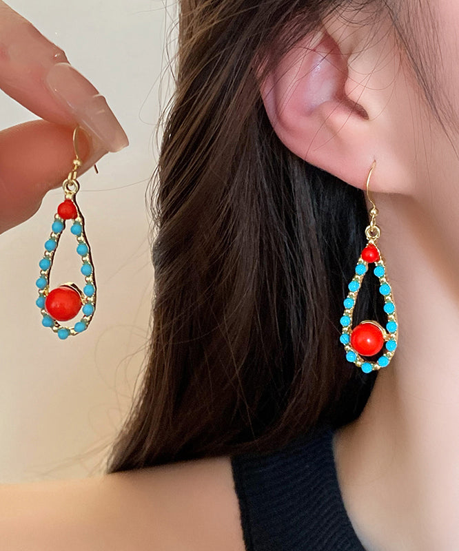 Colorblock Sterling Silver Overgild Inlaid Turquoise Agate Water Drop Drop Earrings