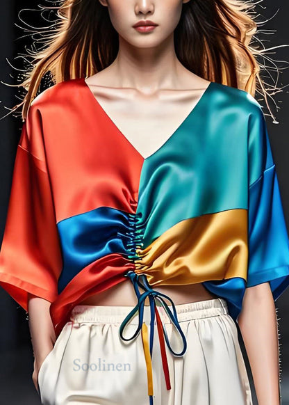 Colorblock V Neck Cinched Silk Blouses Summer