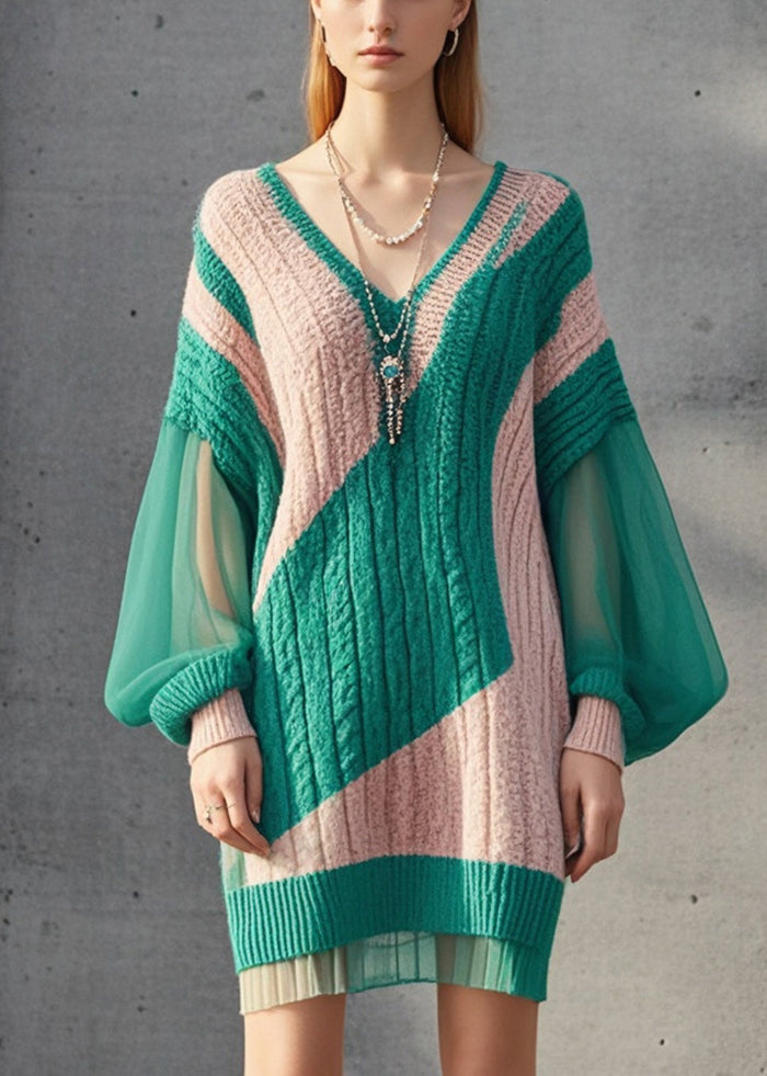 Colorblock V Neck Patchwork Knit Dress Lantern Sleeve