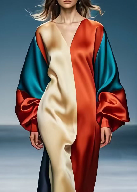 Colorblock V Neck Patchwork Silk Party Dress Lantern Sleeve