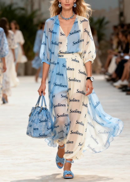Colorblock V Neck Print Chiffon Maxi Dresses Summer