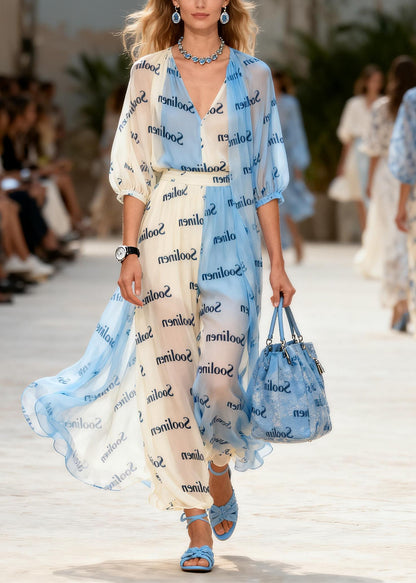 Colorblock V Neck Print Chiffon Maxi Dresses Summer
