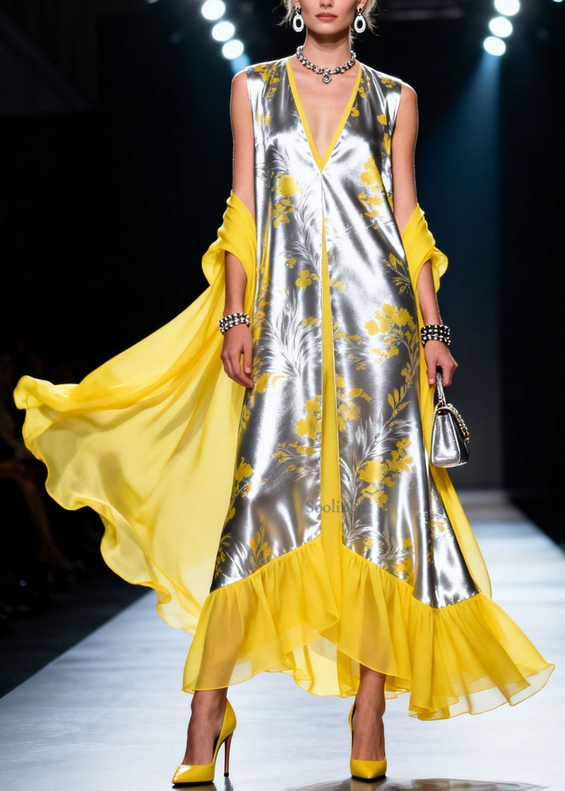 Colorblock V Neck Ruffled Patchwork Silk Dress Summer