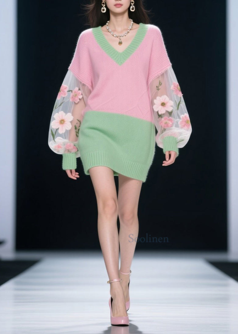 Colorblock V Neck Tulle Patchwork Knit Dress Fall