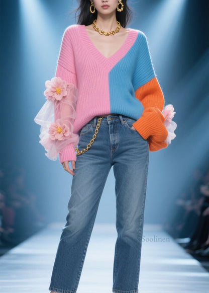 Colorblock V Neck Tulle Patchwork Knit Sweater Fall