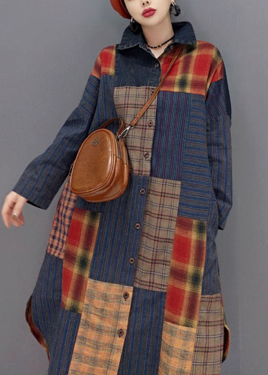 Colorblock Button Side Open Peter Pan Collar Patchwork Plaid Coats Spring