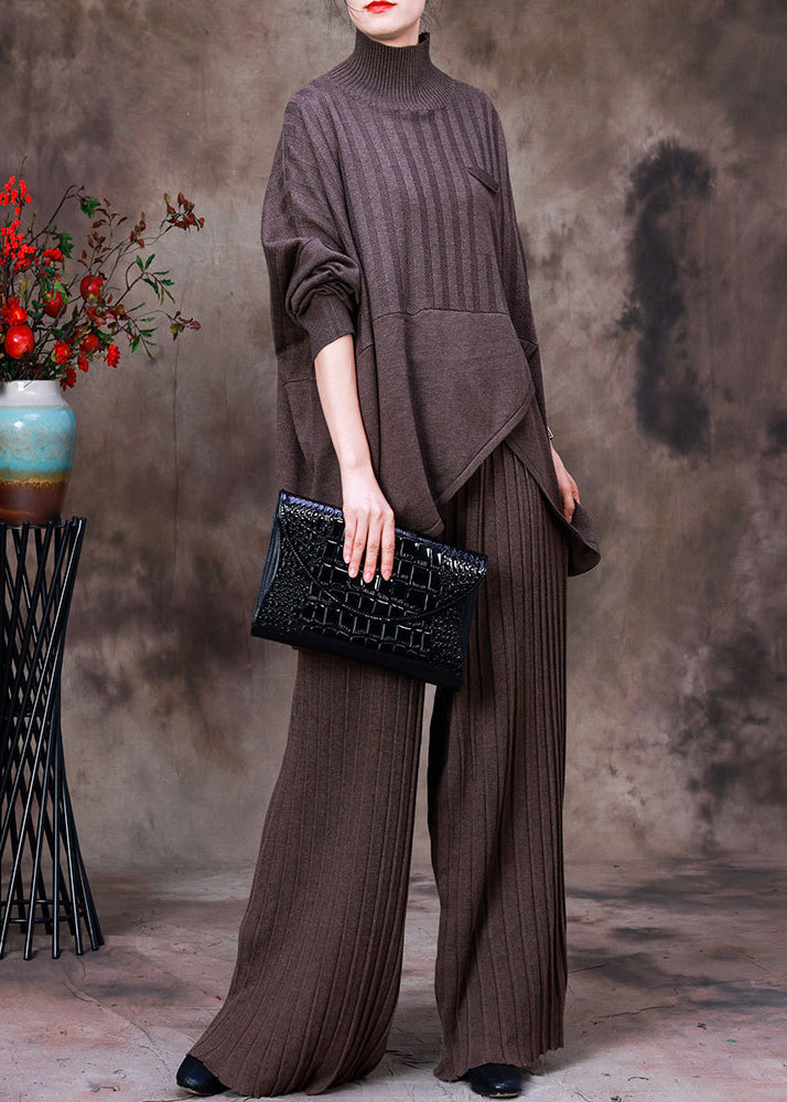 Dark Chocolate Colour Asymmetrical Knit Sweaters and Pants Two Piece Set Fall