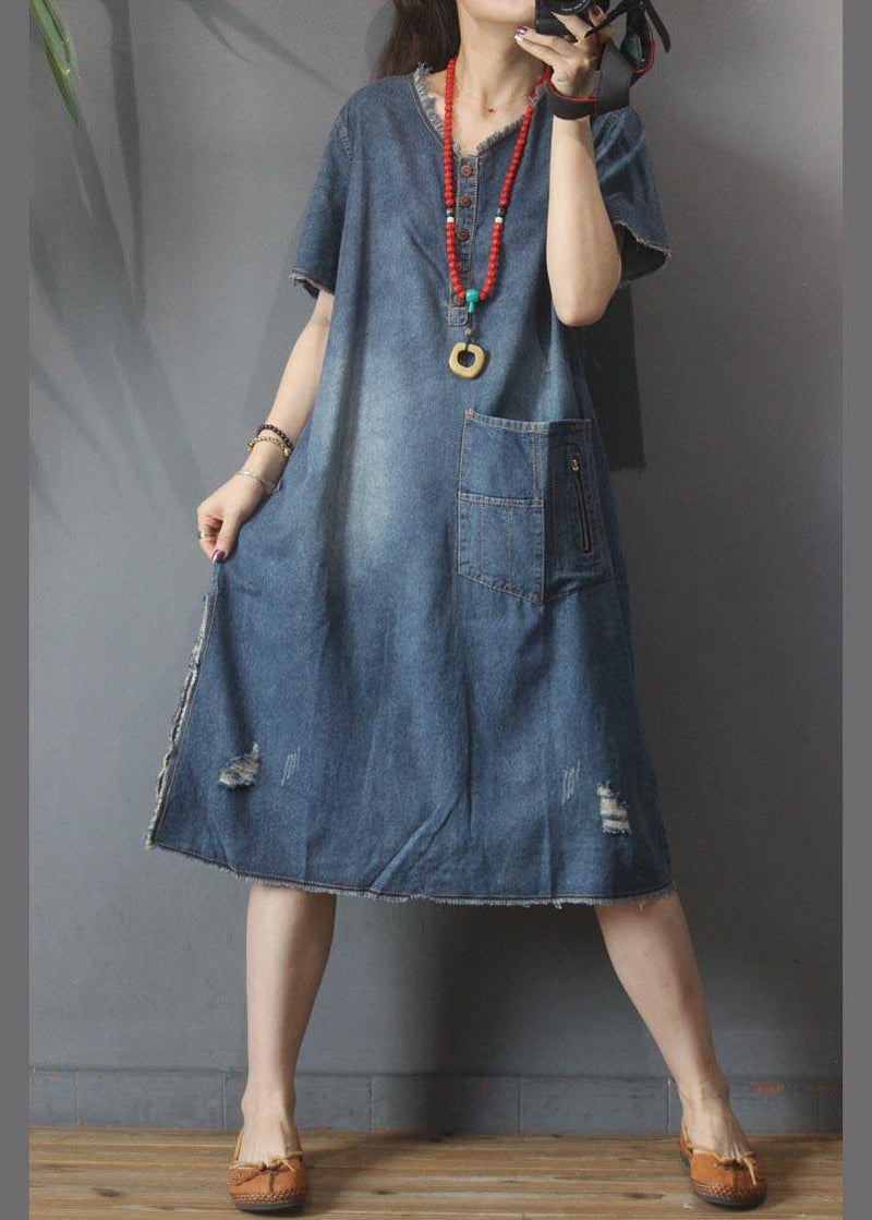 Denim V Neck Side Open Dress Summer