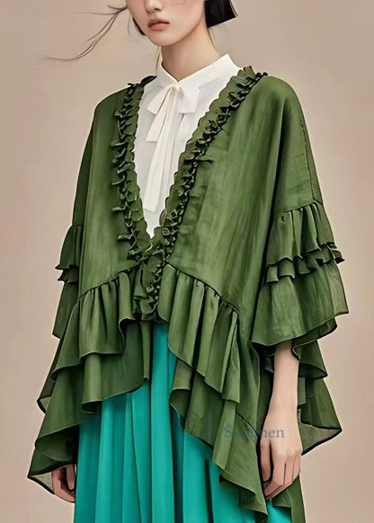 Dull Green V Neck Ruffled Patchwork Coats Long Sleeve