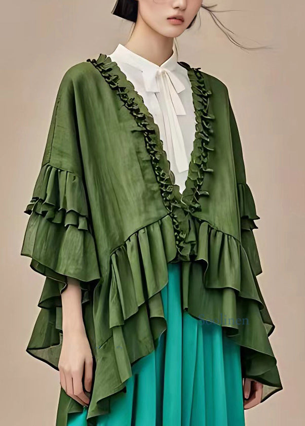 Dull Green V Neck Ruffled Patchwork Coats Long Sleeve