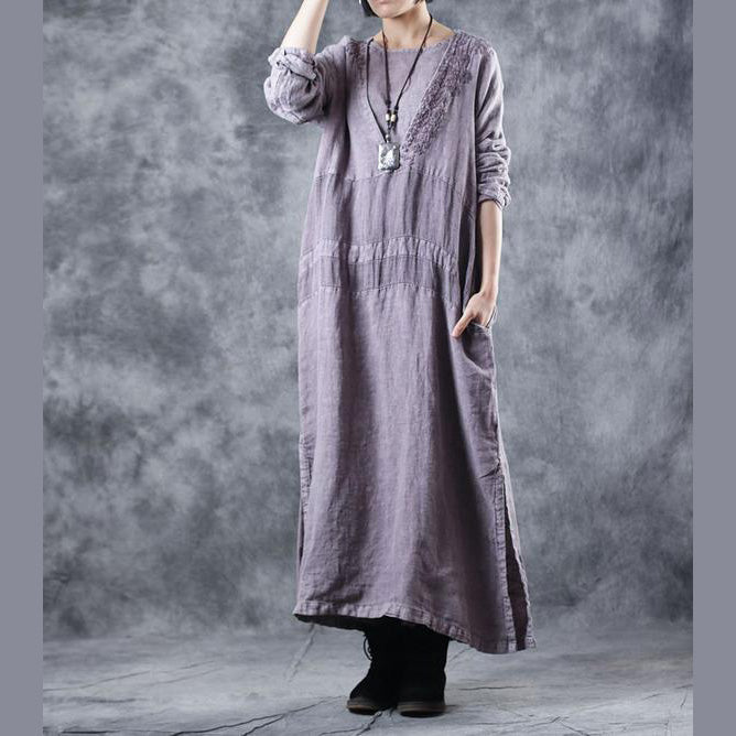 Embroidery Purple Cotton Linen Dresses for