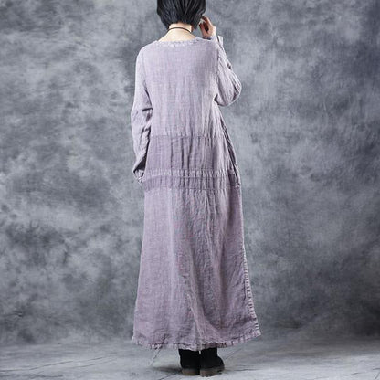 Embroidery Purple Cotton Linen Dresses for