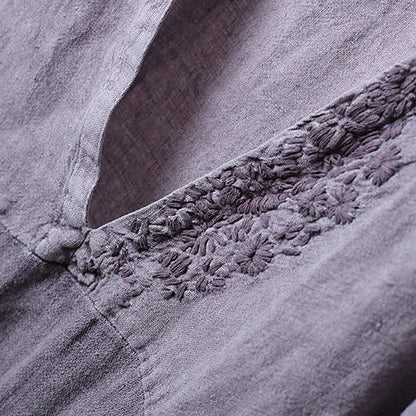 Embroidery Purple Cotton Linen Dresses for