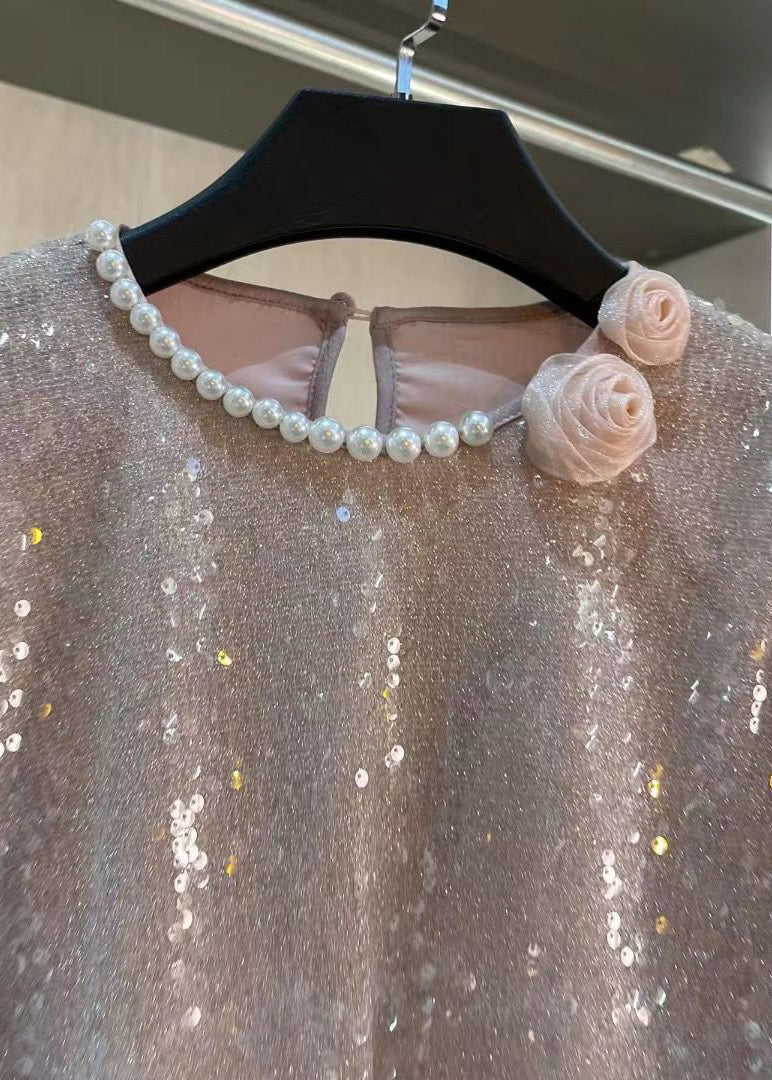 Pearl Embellished Lantern Sleeve Sequin Shirt