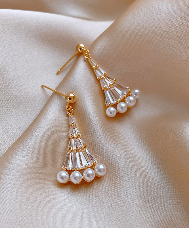 Gold Copper Alloy Pearl Fan-shaped Drop Earrings