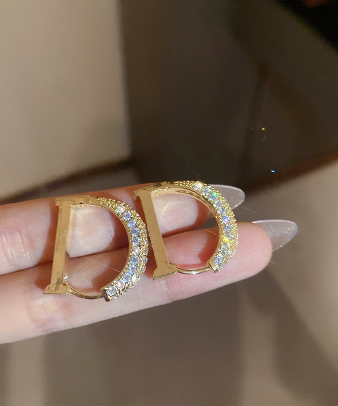 Gold Copper Alloy Zircon D Type Hoop Earrings