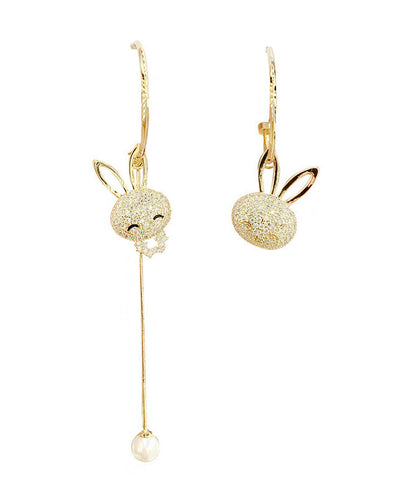 Gold Sterling Silver Overgild Zircon Asymmetry Little Rabbit Tassel Drop Earrings