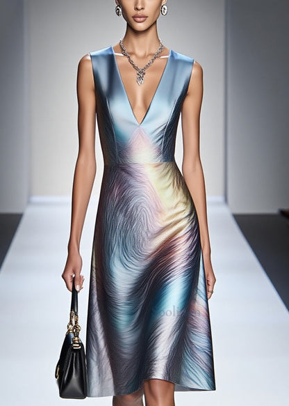 Gradient Blue V Neck Silm Fit Silk Tea Dress Sleeveless