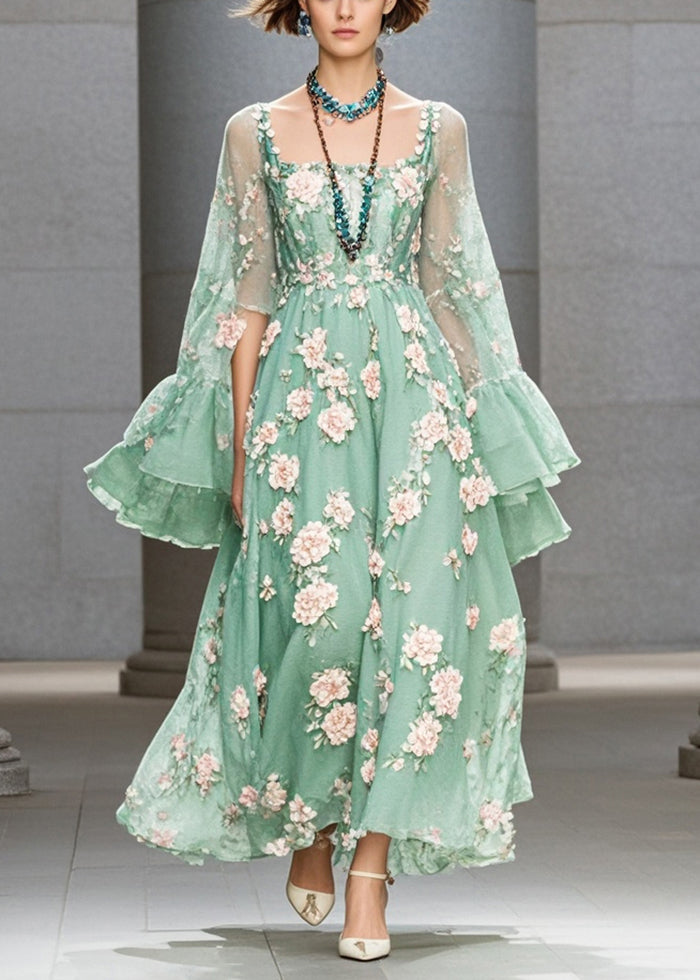 Grass Green Three-dimensional Chiffon Dress Flare Sleeve