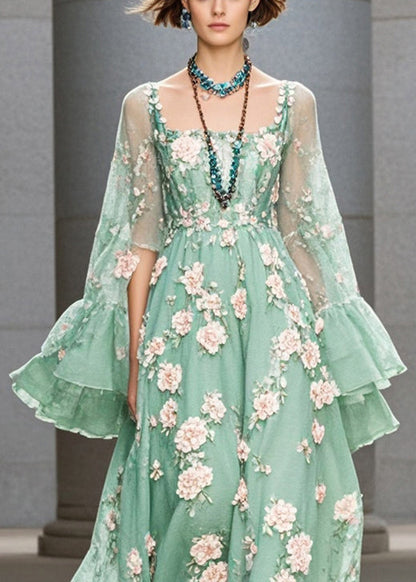 Grass Green Three-dimensional Chiffon Dress Flare Sleeve