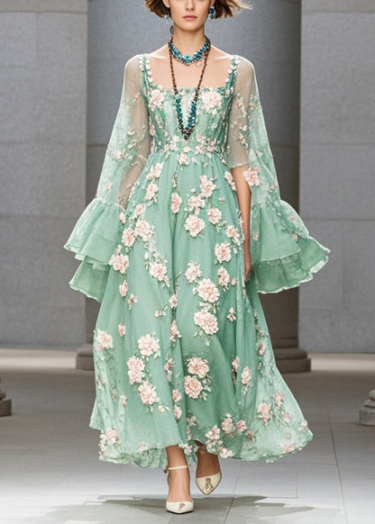 Grass Green Three-dimensional Chiffon Dress Flare Sleeve