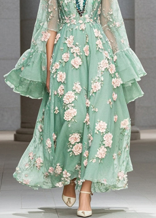 Grass Green Three-dimensional Chiffon Dress Flare Sleeve