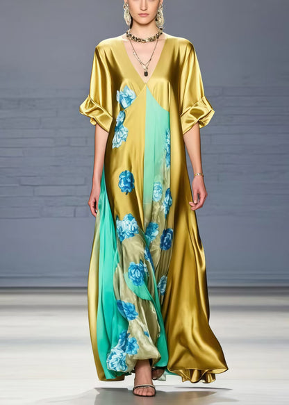 Grass Green V Neck Silk Dress Summer