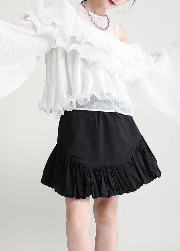Fashion Green Asymmetrical Design Ruffled Cold Shoulder Chiffon Top Long Sleeve
