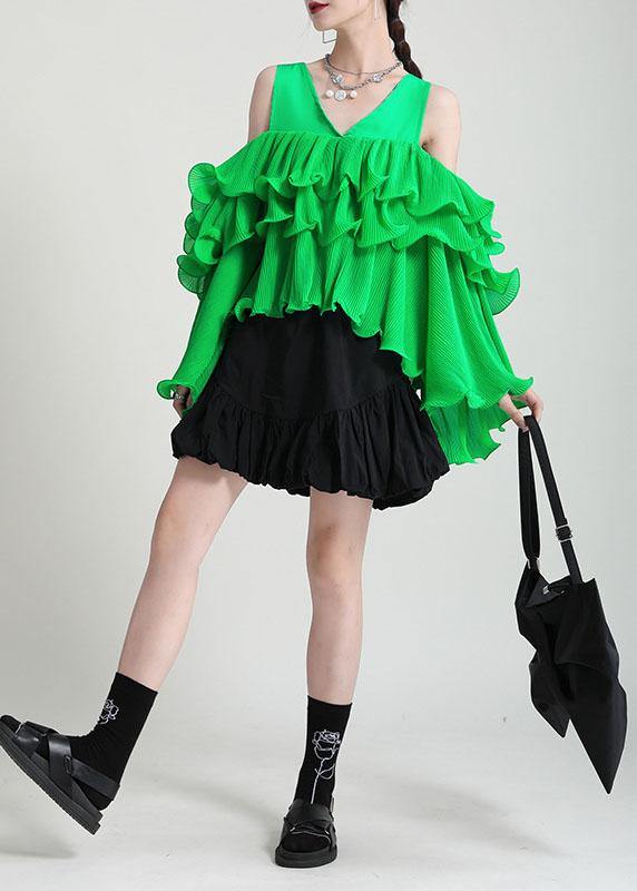 Fashion Green Asymmetrical Design Ruffled Cold Shoulder Chiffon Top Long Sleeve