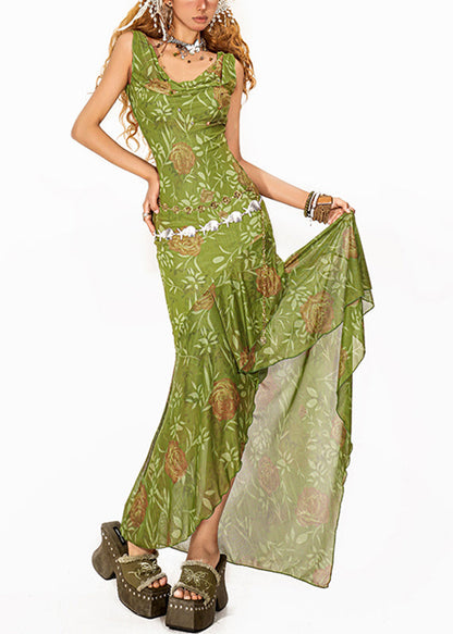 Green Asymmetrical Tulle Maxi Spaghetti Strap Fishtail Dress Summer