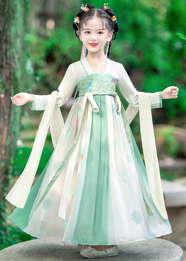Green Embroideried Patchwork Tie Waist Kids Long Dress Long Sleeve