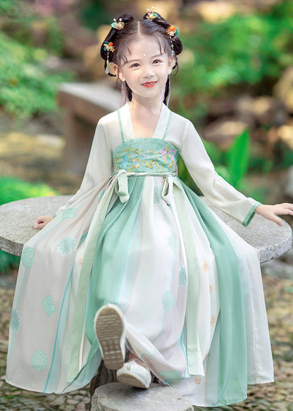 Green Embroideried Patchwork Tie Waist Kids Long Dress Long Sleeve