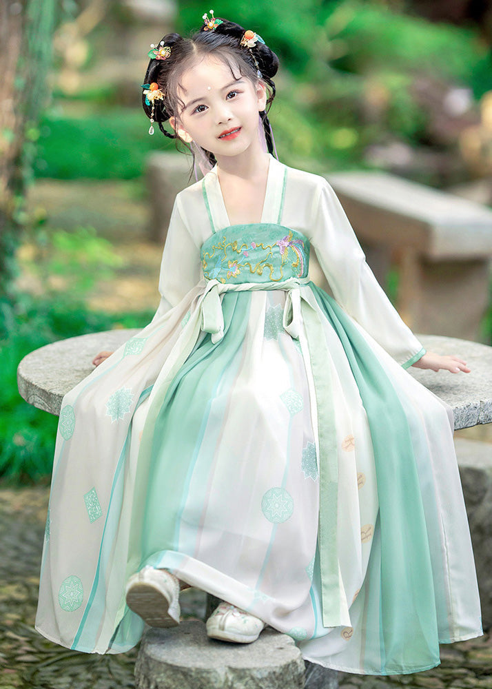 Green Embroideried Patchwork Tie Waist Kids Long Dress Long Sleeve