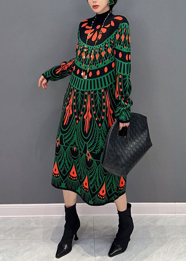 Green Hign Neck Print Knit Long Dress Winter