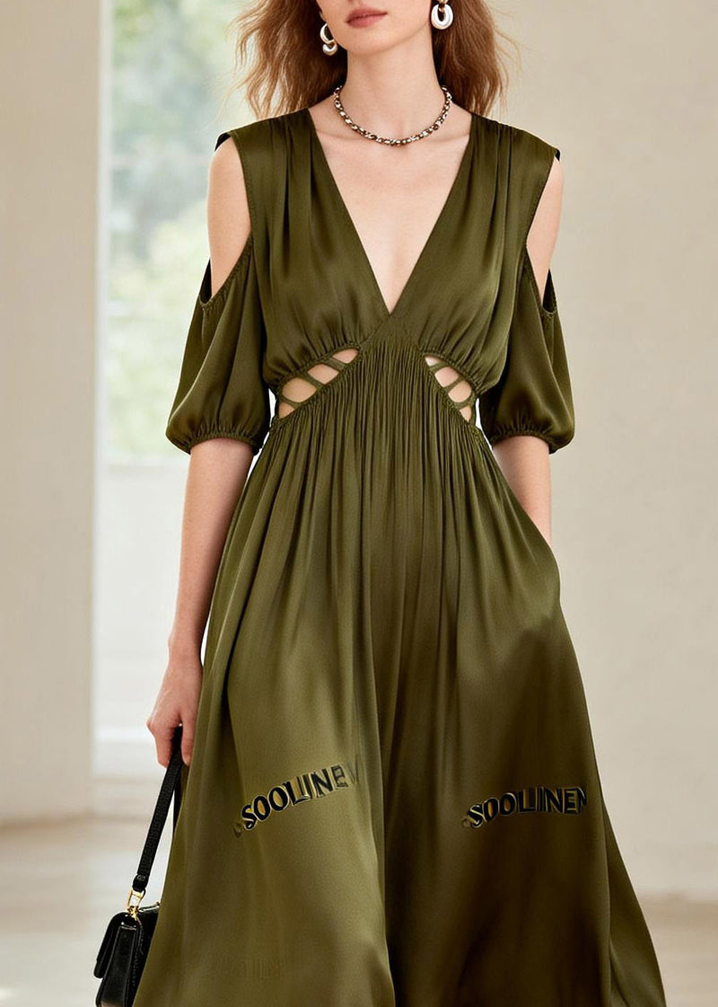 Green Hollow Out Wrinkled Chiffon Long Dress Summer