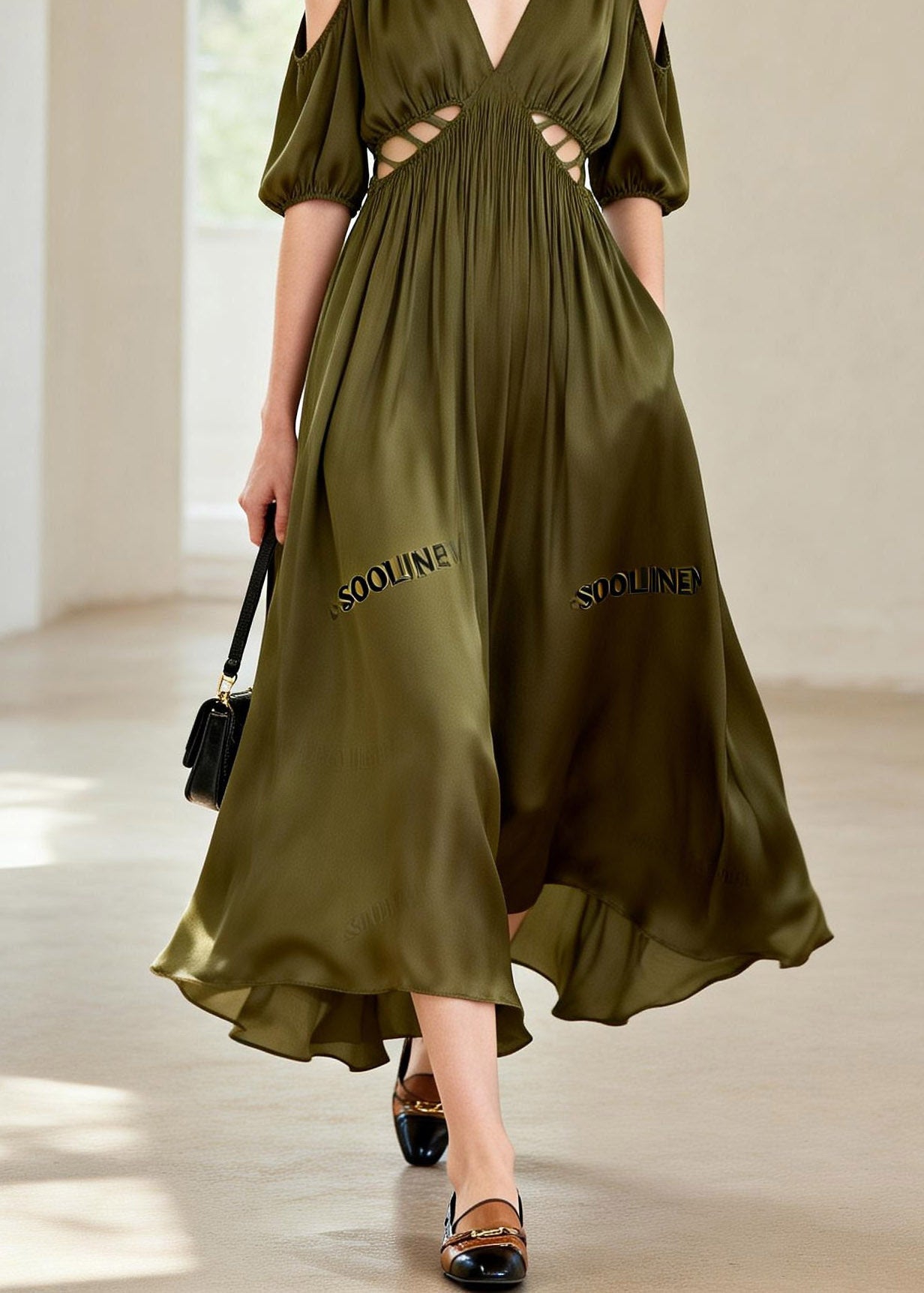 Green Hollow Out Wrinkled Chiffon Long Dress Summer