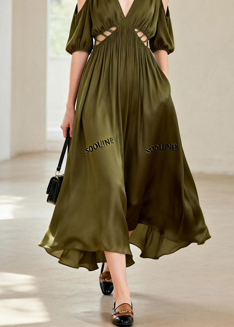 Green Hollow Out Wrinkled Chiffon Long Dress Summer