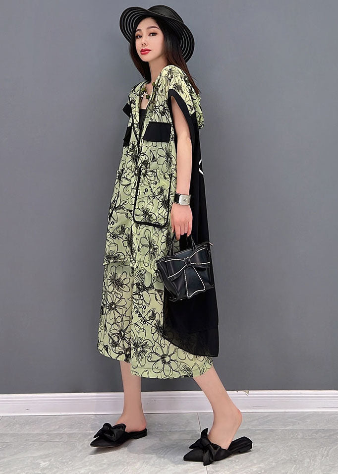 Green Hooded Patchwork Print Low High Design Chiffon Two Pieces Set Summer