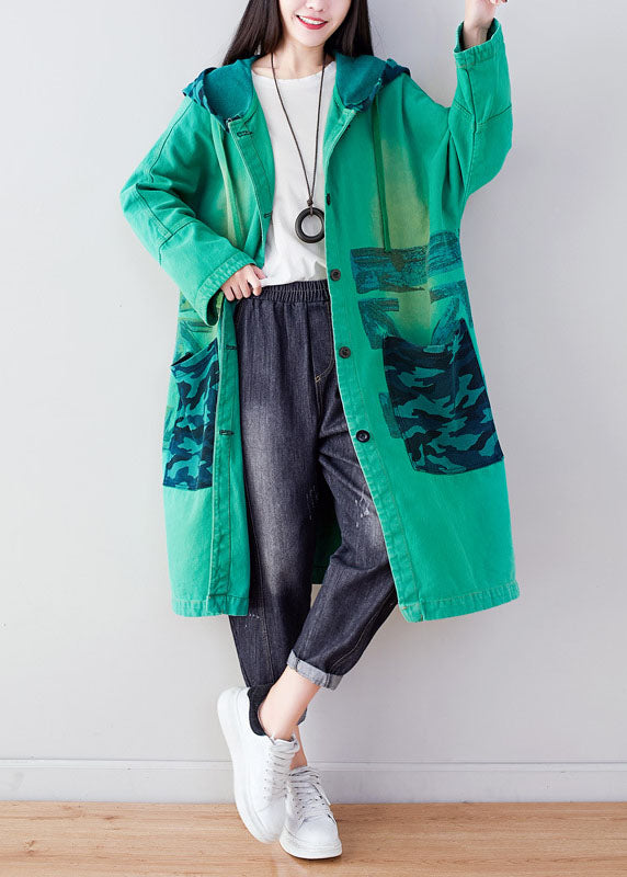 Green Hooded Print Cotton Hoodie Coat Spring