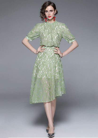 Green Jacquard Asymmetrical Patchwork Lace Mid Dress Summer