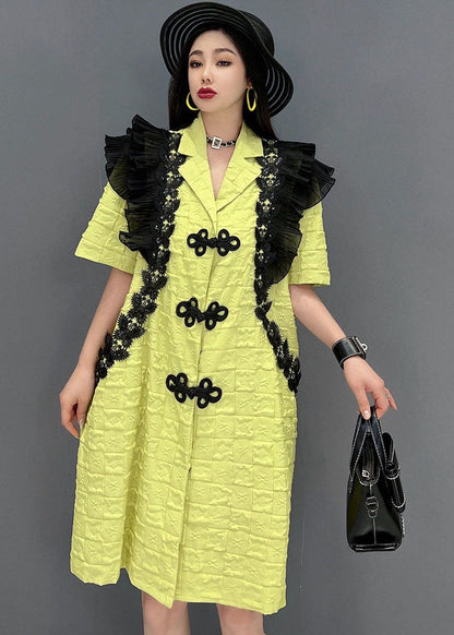 Green Notched Collar Patchwork Ruffles Oriental Button Mid Dresses Short Sleeve