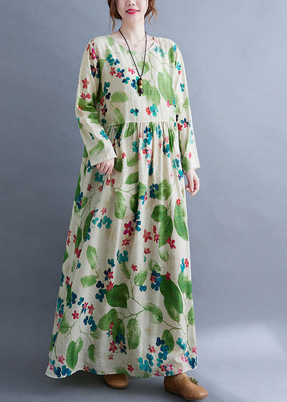 Green O-neck Cinched Print Long Dress Long Sleeve