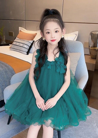 Green O-neck Layered Tulle Kids Long Dress Sleeveless