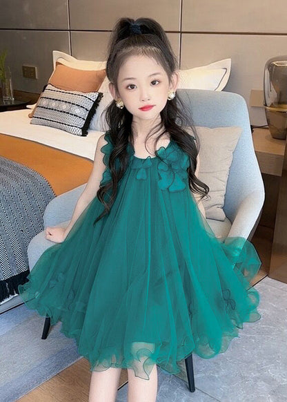 Green O-neck Layered Tulle Kids Long Dress Sleeveless