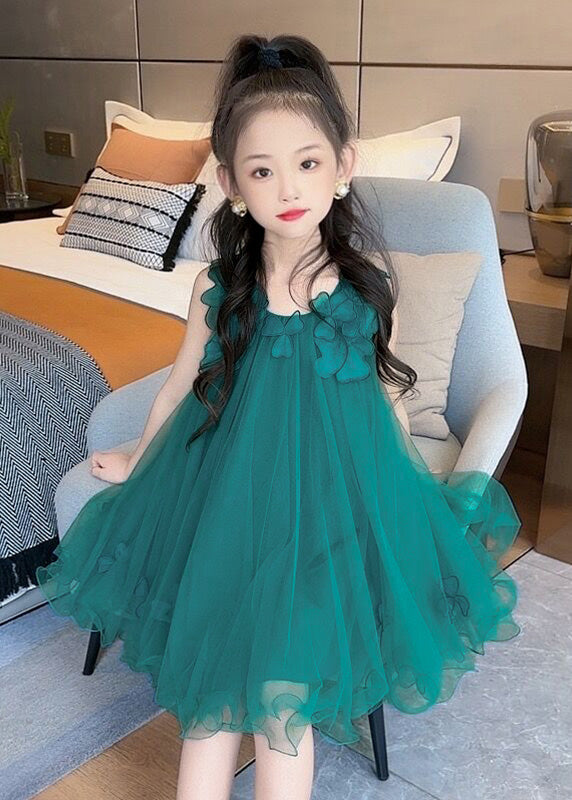Green O-neck Layered Tulle Kids Long Dress Sleeveless