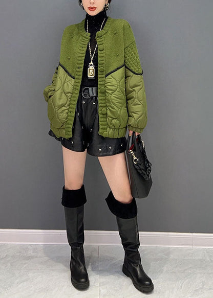 Green O Neck Knit Patchwork Cotton Filled Jackets Winter
