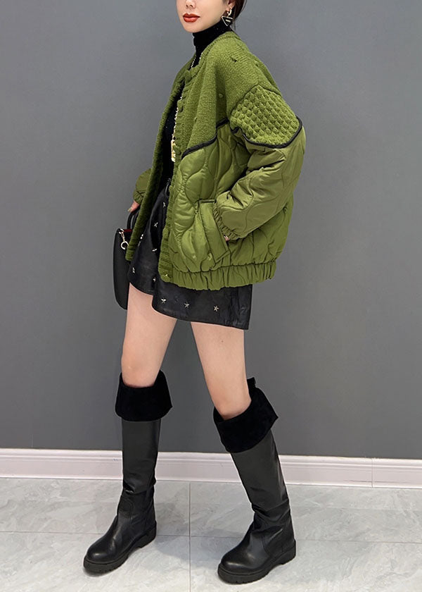 Green O Neck Knit Patchwork Cotton Filled Jackets Winter